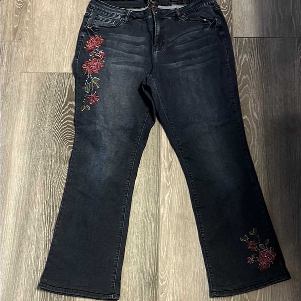 Women's Embroidered Jeans - Black with Red Floral Design